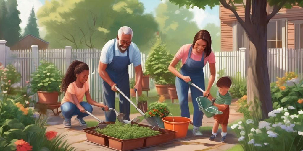 family gardening together in backyard