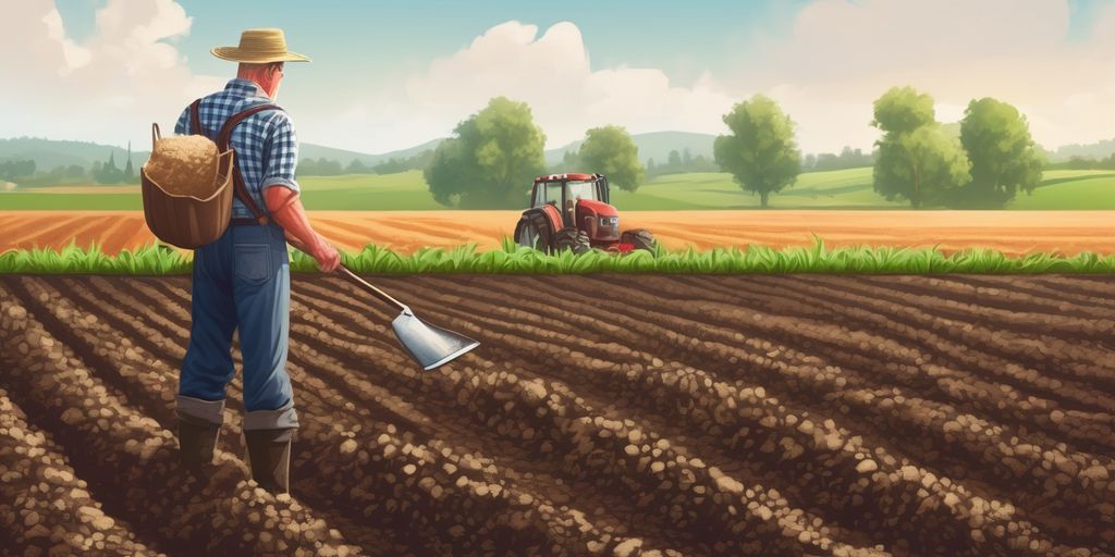 farmer examining soil in fertile field