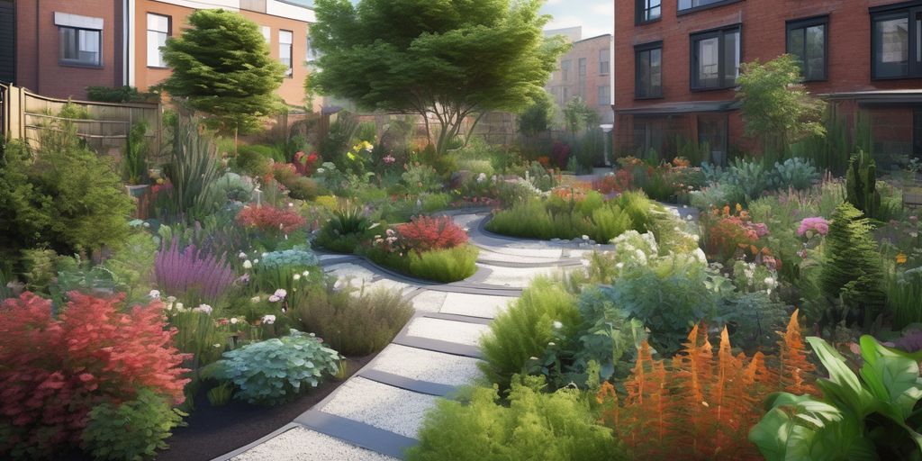 urban garden with diverse plants and innovative designs