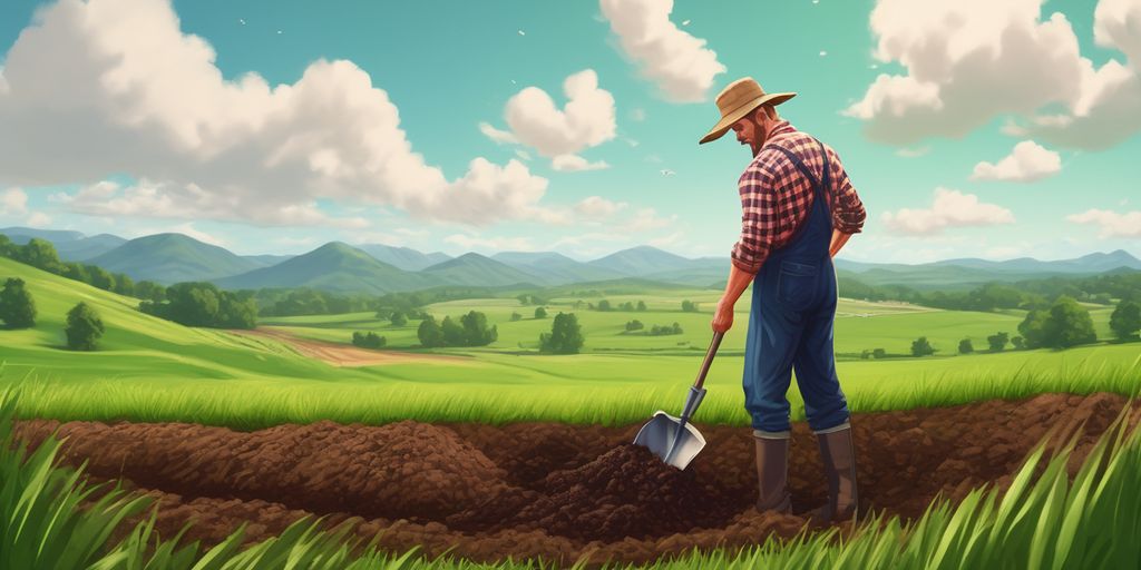 farmer examining soil in a lush green field