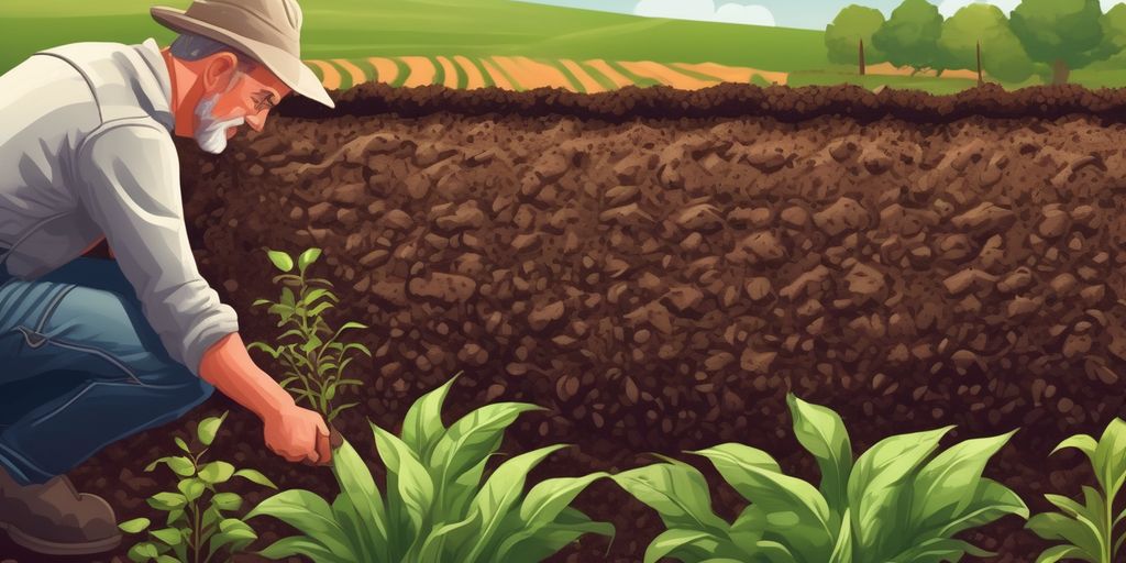 healthy soil with plants growing, farmer examining soil, fertile farmland, soil texture close-up