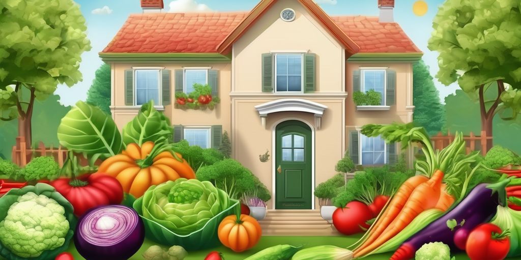 home garden with fresh vegetables and fruits